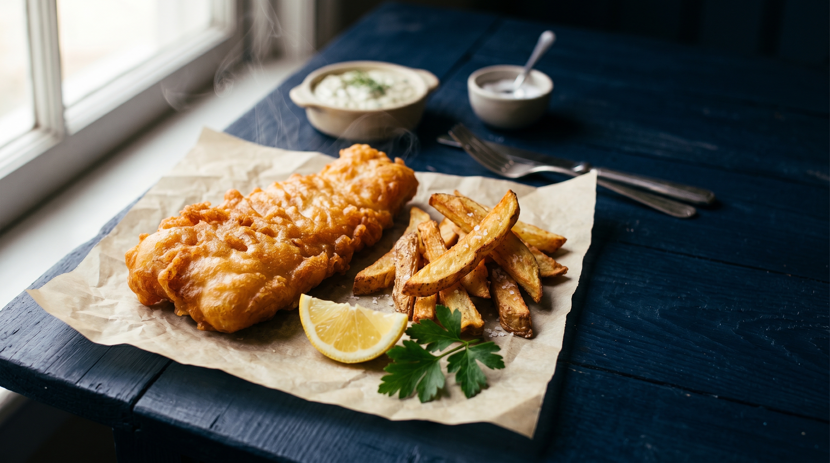 Fish and chips on parchment paper